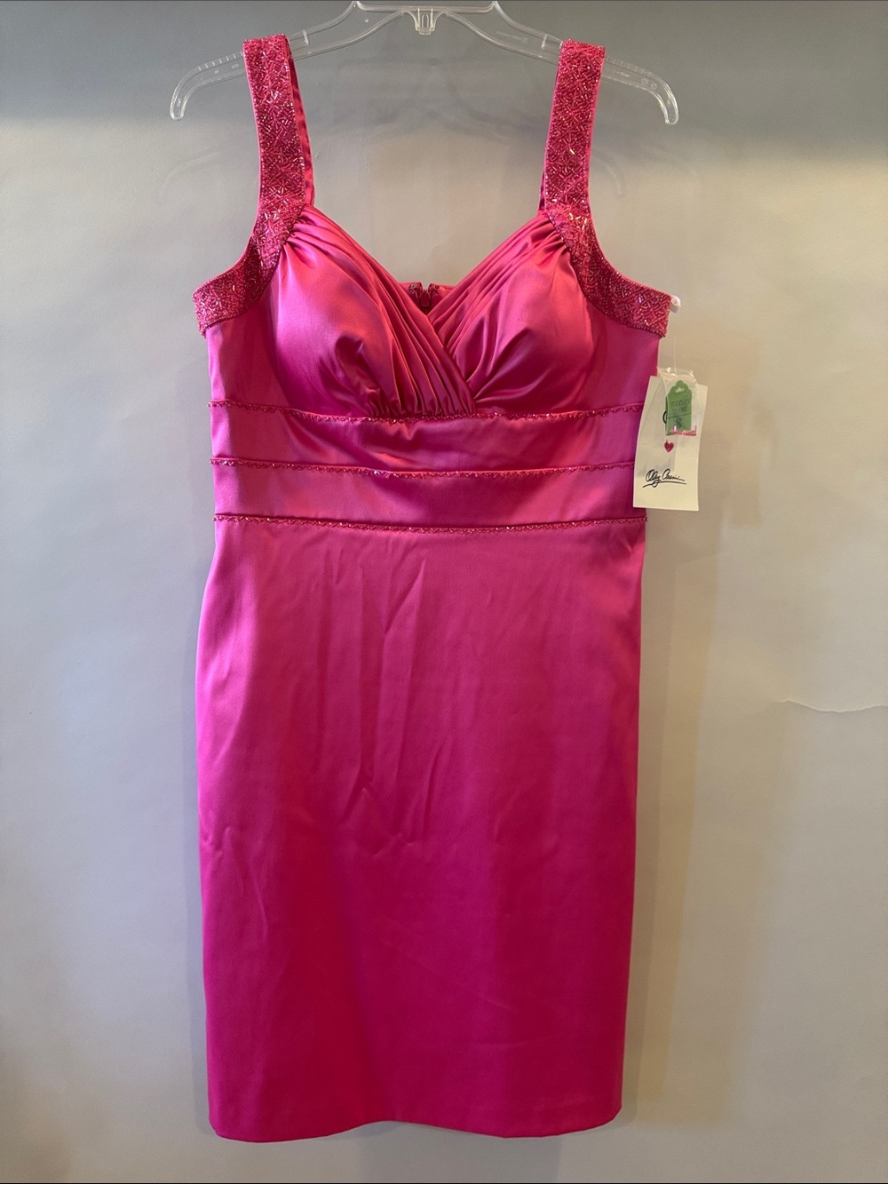 OC by Oleg Cassini Fuchsia Satin Chemise with Beaded Straps